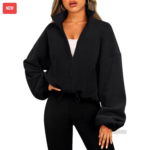 Oversized Cropped Fleece Jacket Zip Front Long Sleeve Cozy Winter Wear